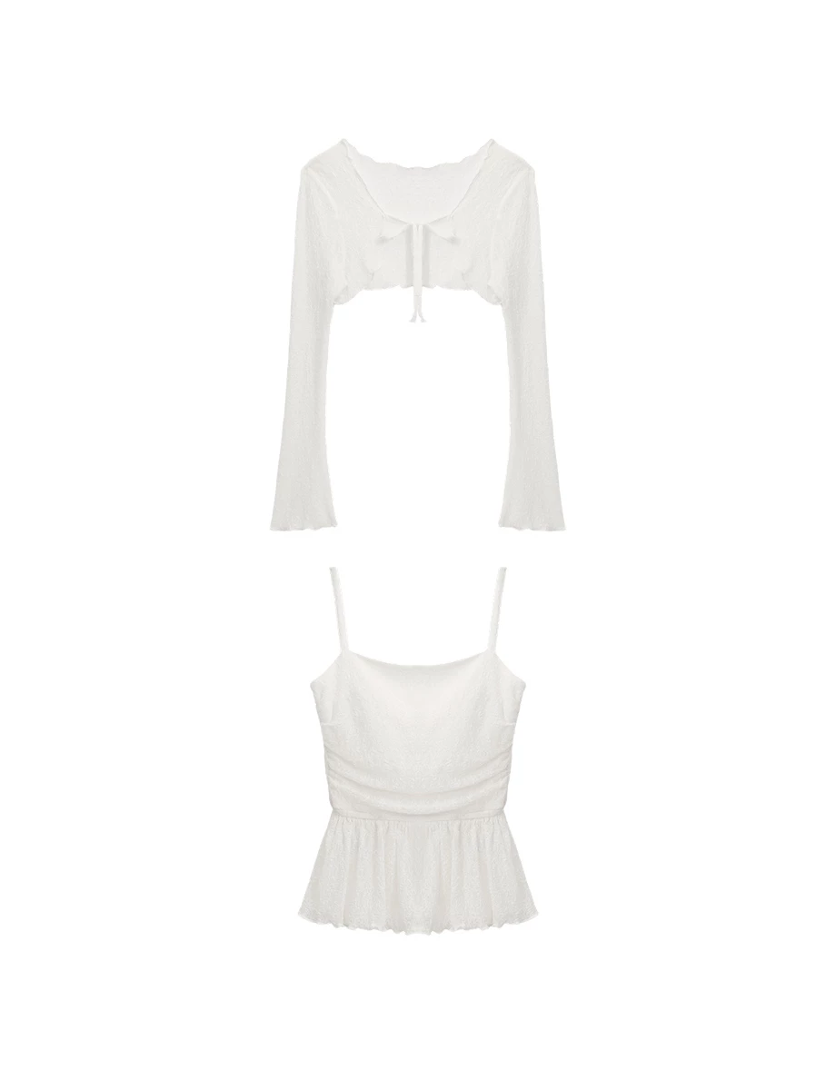 綁帶開襟木耳邊長袖蕾絲罩衫荷葉下擺細肩帶背心套裝(附胸墊)