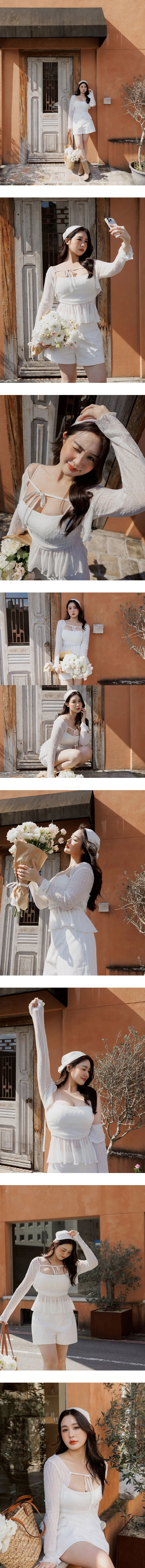 綁帶開襟木耳邊長袖蕾絲罩衫荷葉下擺細肩帶背心套裝(附胸墊)