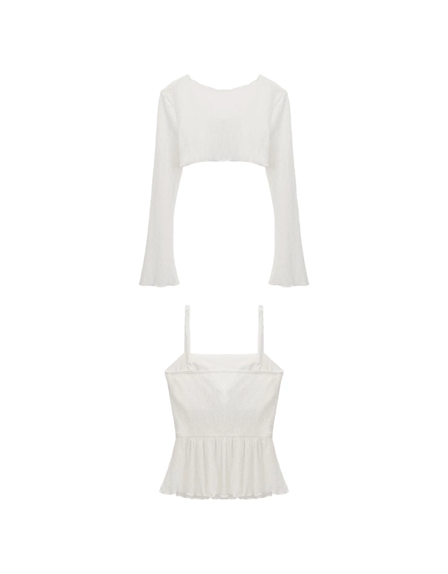 綁帶開襟木耳邊長袖蕾絲罩衫荷葉下擺細肩帶背心套裝(附胸墊)