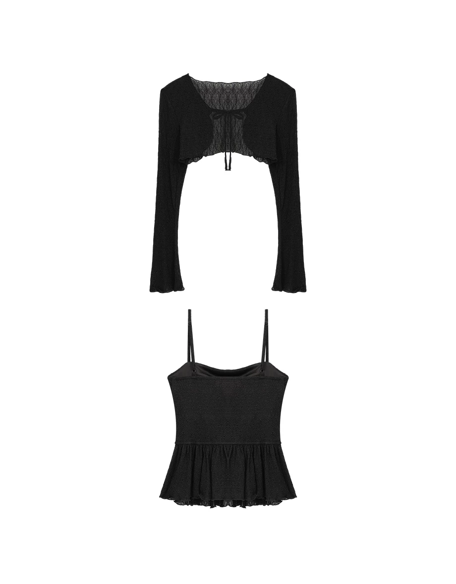 綁帶開襟木耳邊長袖蕾絲罩衫荷葉下擺細肩帶背心套裝(附胸墊)