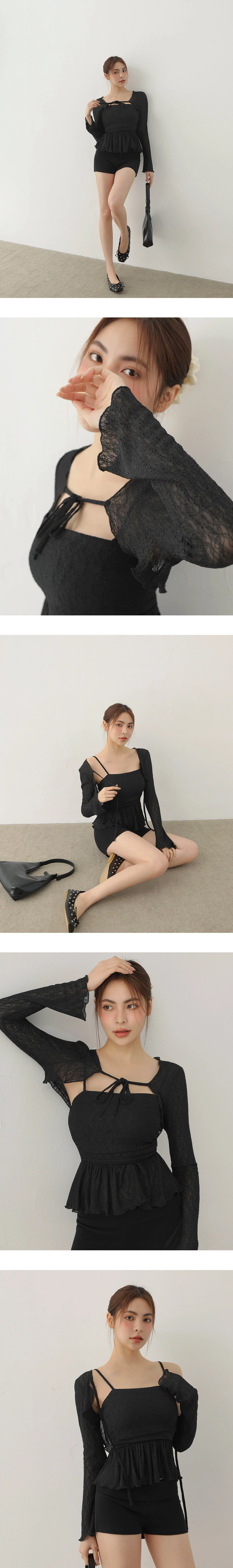 綁帶開襟木耳邊長袖蕾絲罩衫荷葉下擺細肩帶背心套裝(附胸墊)