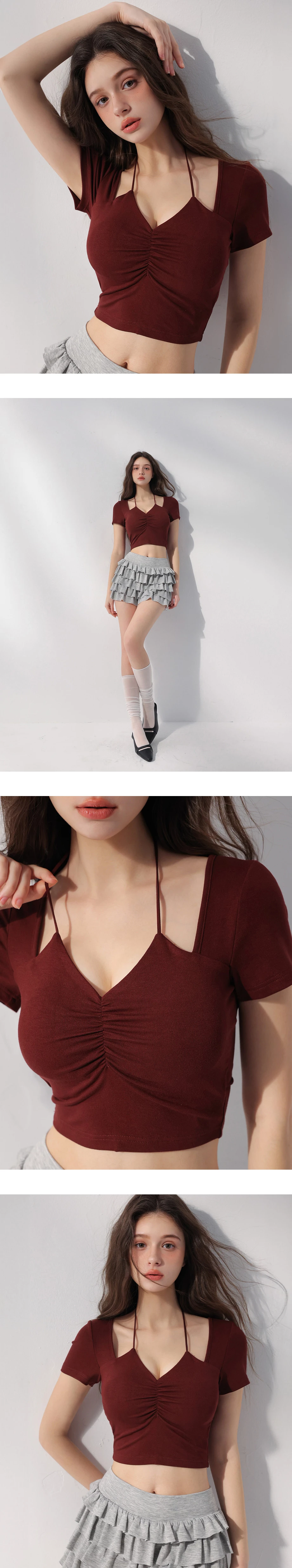 V領抓皺繞頸綁帶拼接短袖短版上衣(附胸墊)