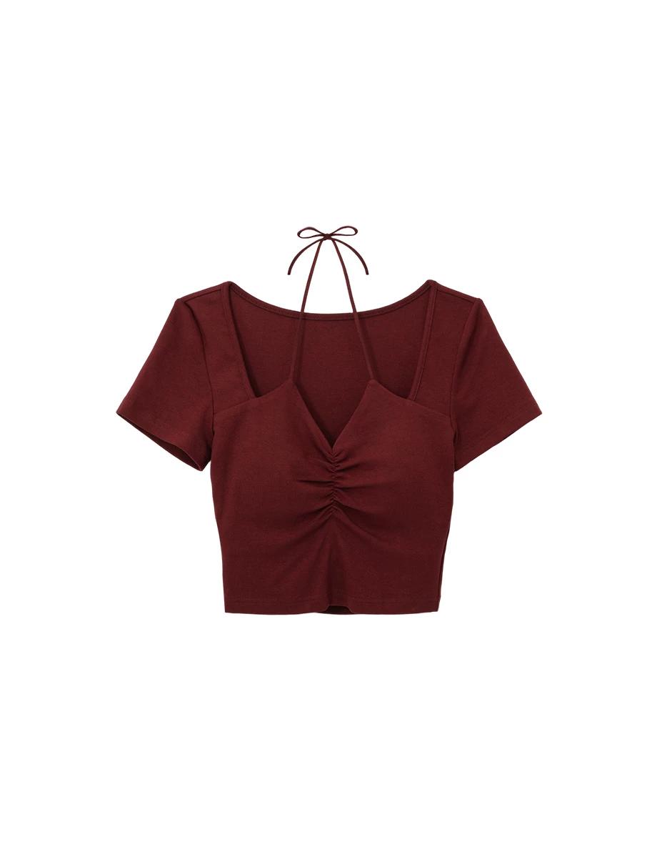 V領抓皺繞頸綁帶拼接短袖短版上衣(附胸墊)