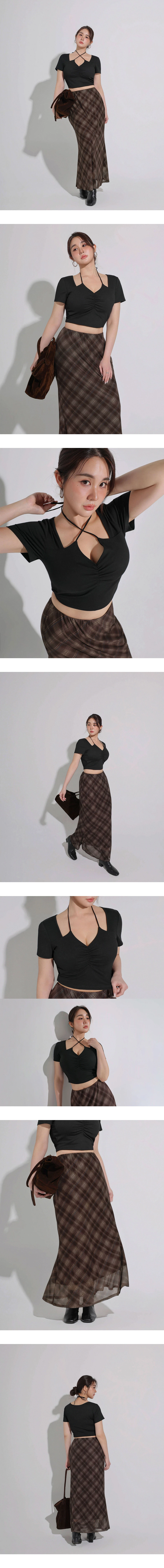 V領抓皺繞頸綁帶拼接短袖短版上衣(附胸墊)