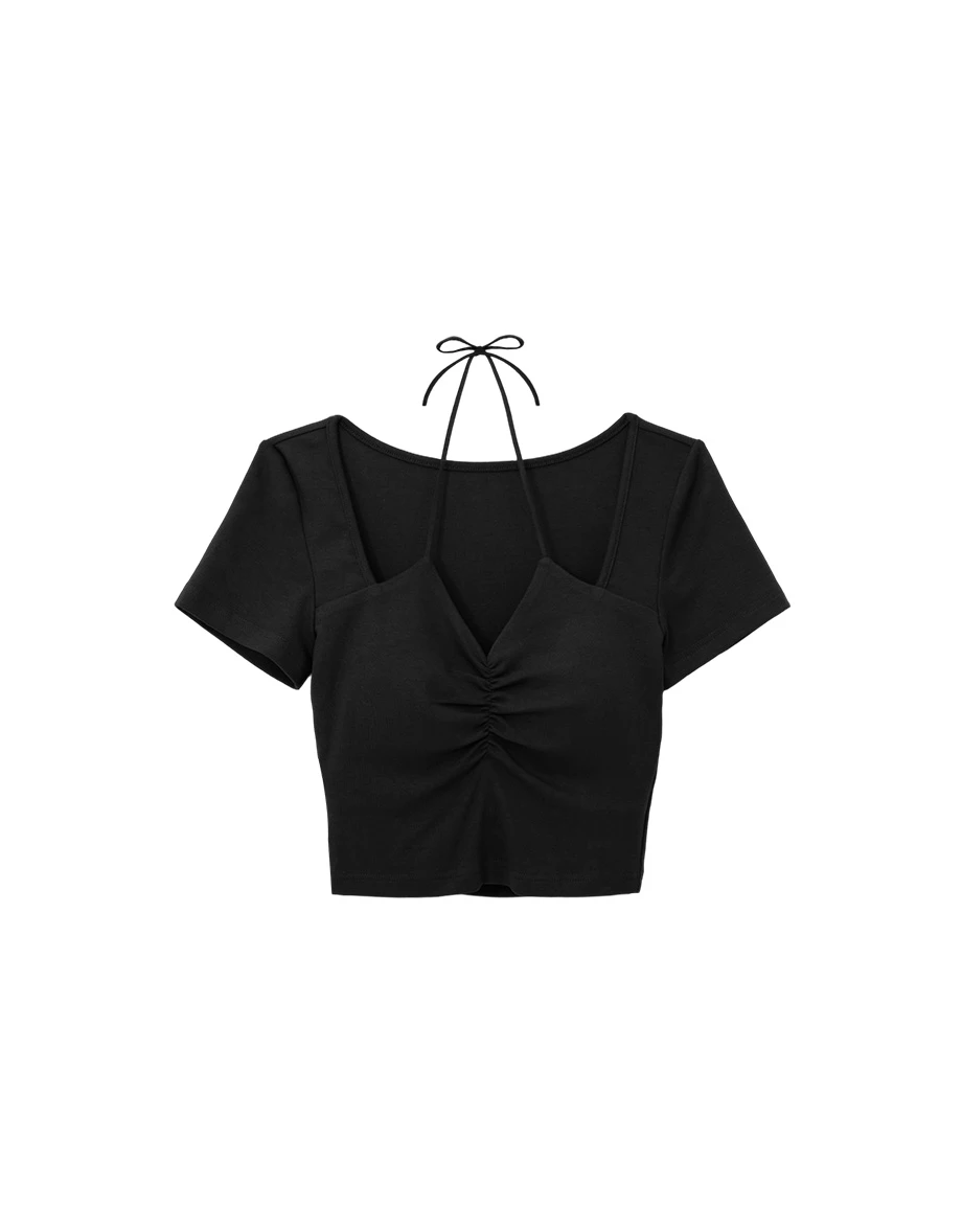 V領抓皺繞頸綁帶拼接短袖短版上衣(附胸墊)