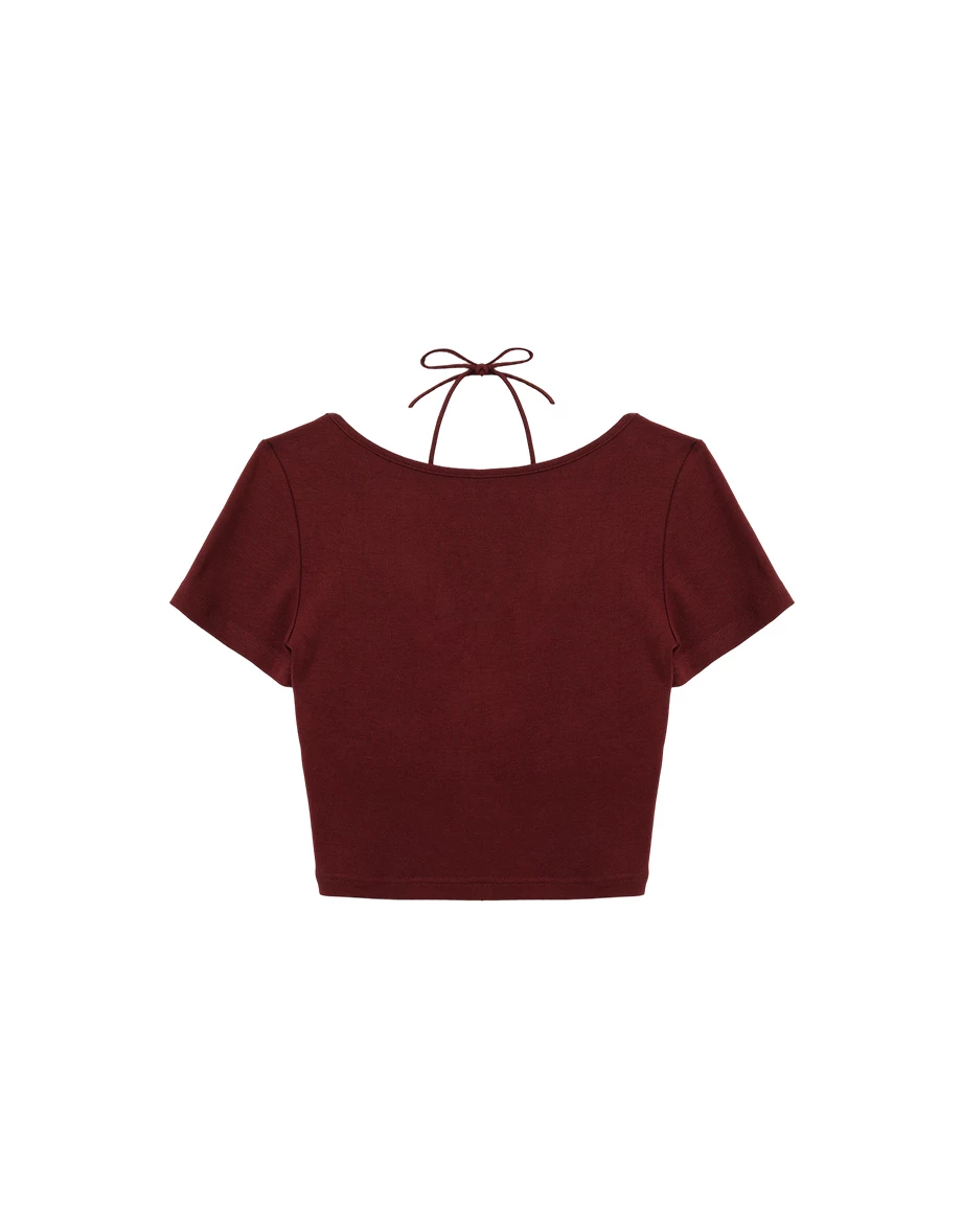 V領抓皺繞頸綁帶拼接短袖短版上衣(附胸墊)