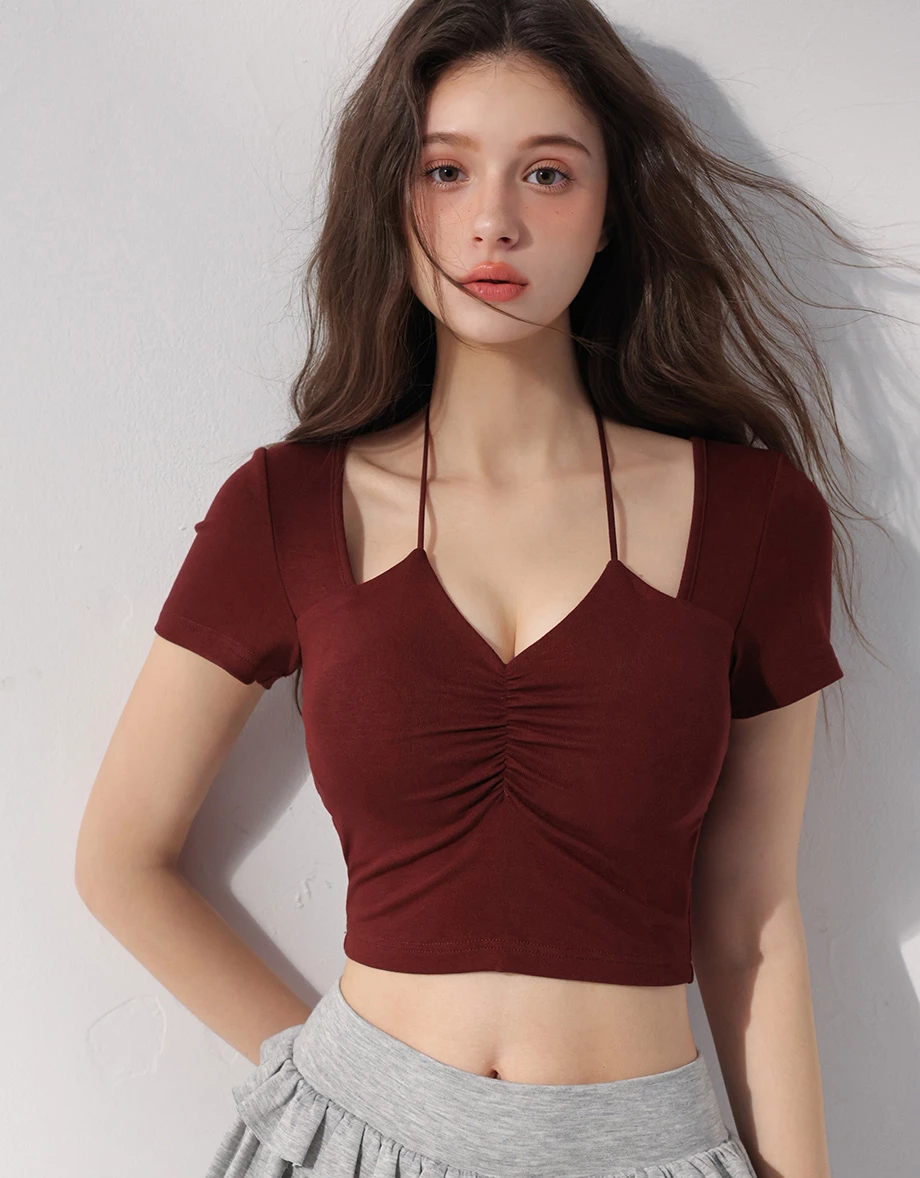 V領抓皺繞頸綁帶拼接短袖短版上衣(附胸墊)
