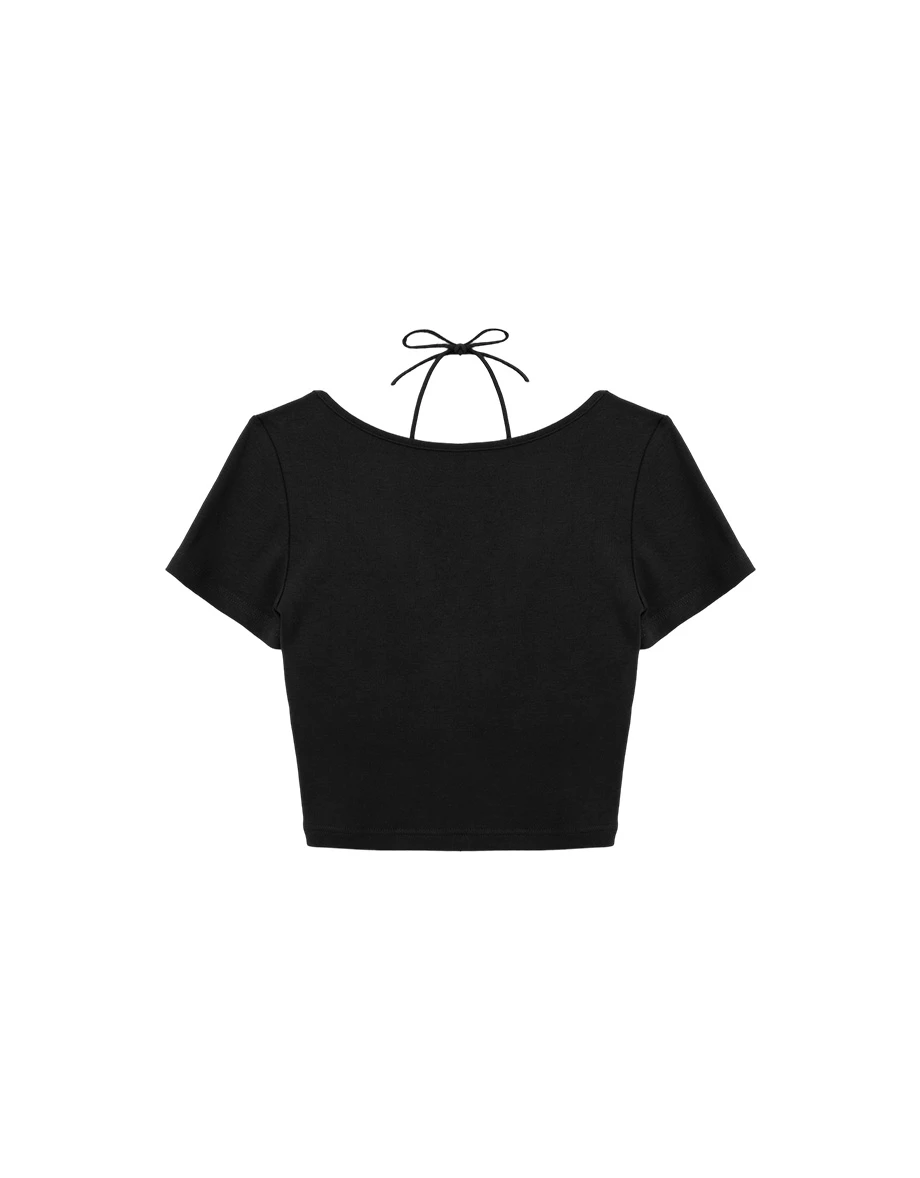 V領抓皺繞頸綁帶拼接短袖短版上衣(附胸墊)