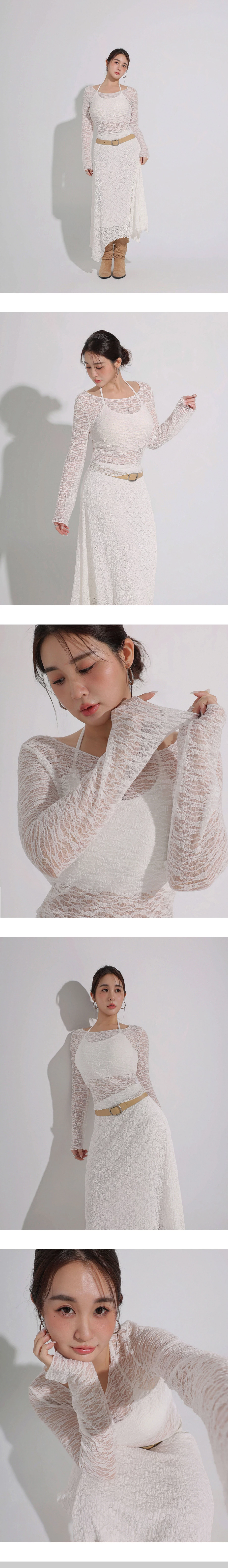 圓領長袖波紋花朵蕾絲透膚短版上衣