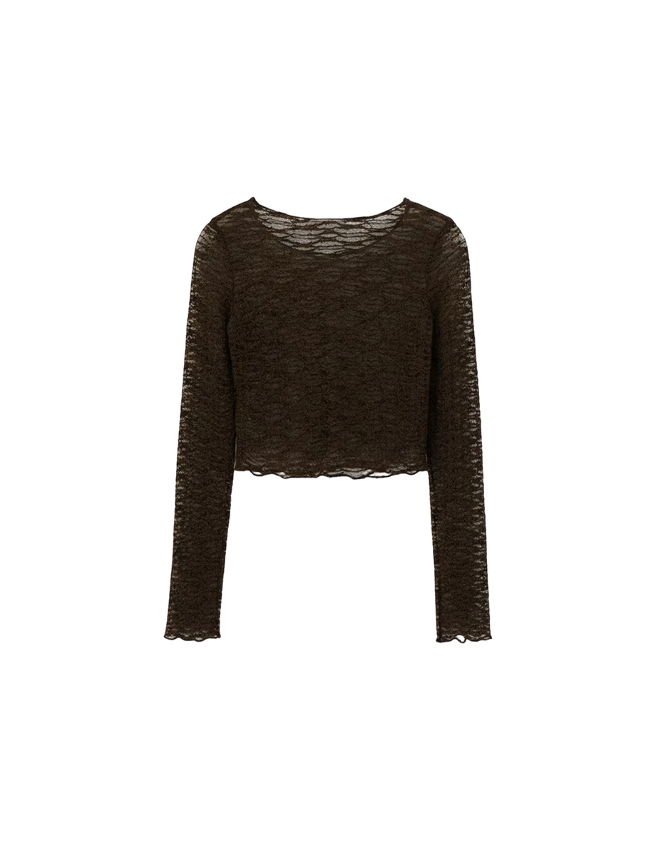 圓領長袖波紋花朵蕾絲透膚短版上衣