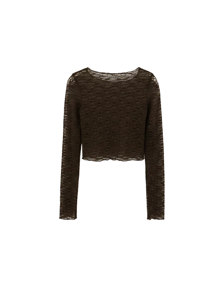 圓領長袖波紋花朵蕾絲透膚短版上衣