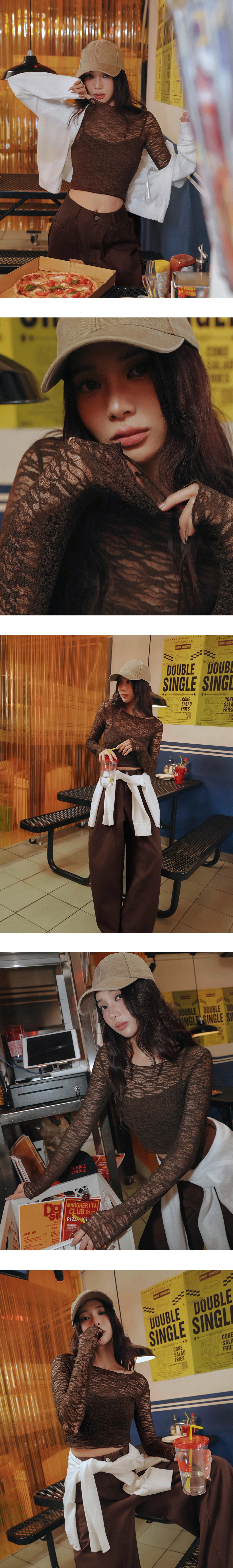 圓領長袖波紋花朵蕾絲透膚短版上衣