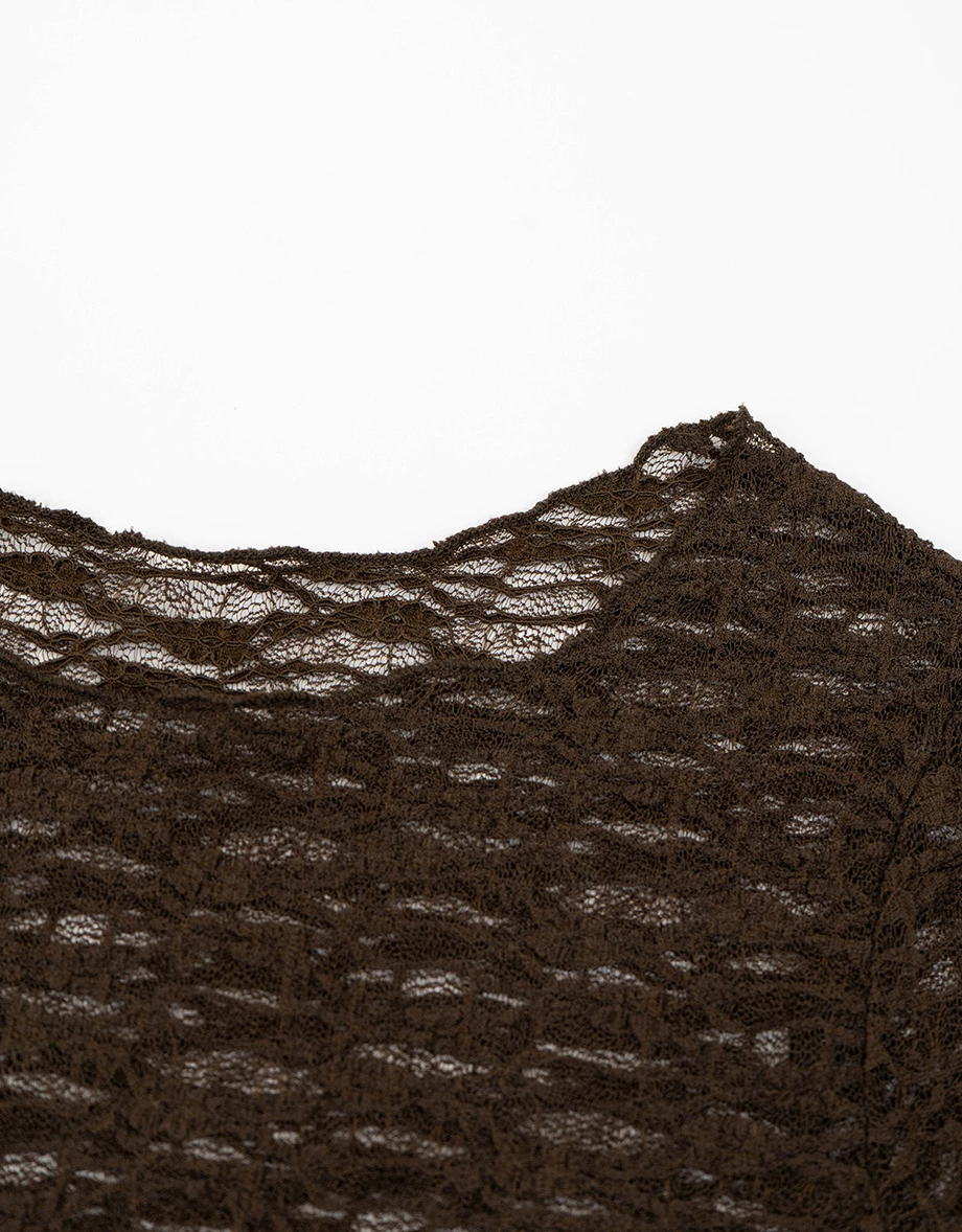 圓領長袖波紋花朵蕾絲透膚短版上衣