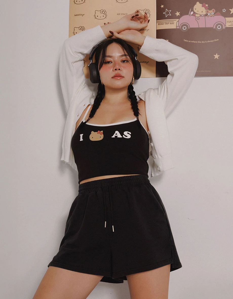 【Hello Kitty Collaboration】Contrast Trim Print Cropped Padded Cami Bra Top