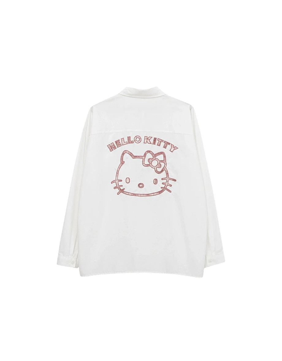 【Hello Kitty Collaboration】Back Embroidery Classic Collar Oversized Shirt Blouse