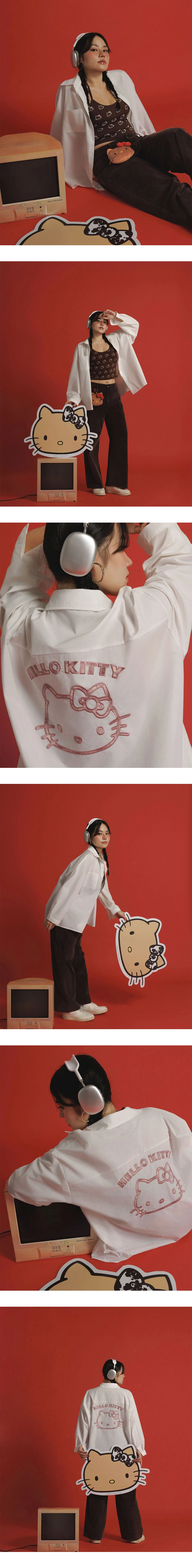 【Hello Kitty Collaboration】Back Embroidery Classic Collar Oversized Shirt Blouse