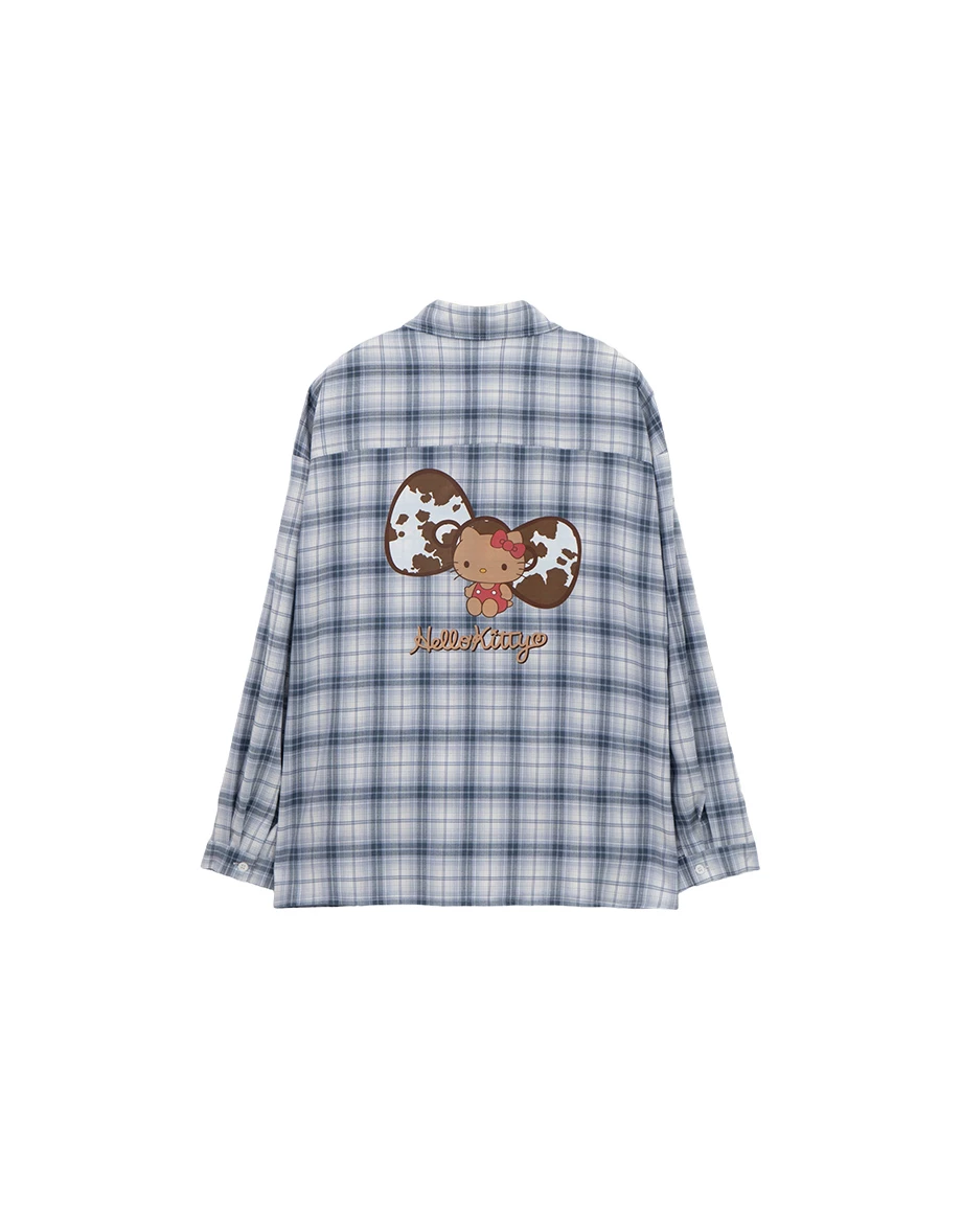 【Hello Kitty Collaboration】Back Embroidery Vintage Plaid Long Sleeve Shirt Blouse