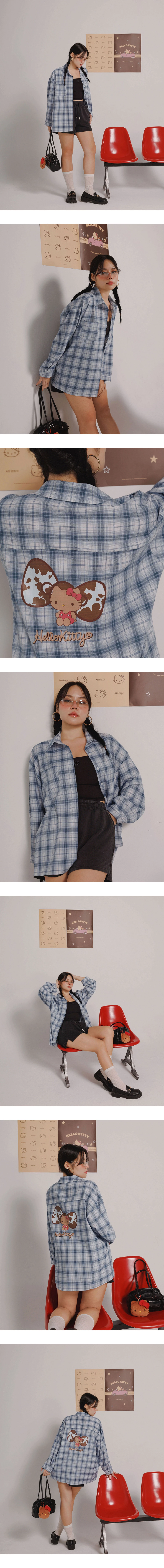 【Hello Kitty Collaboration】Back Embroidery Vintage Plaid Long Sleeve Shirt Blouse