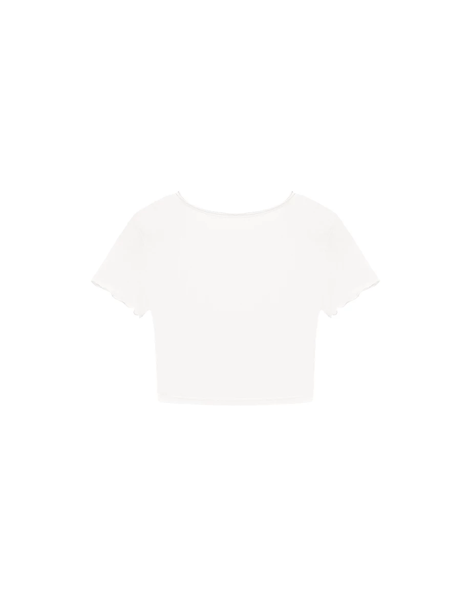 圓領木耳邊圓弧下擺短袖短版上衣