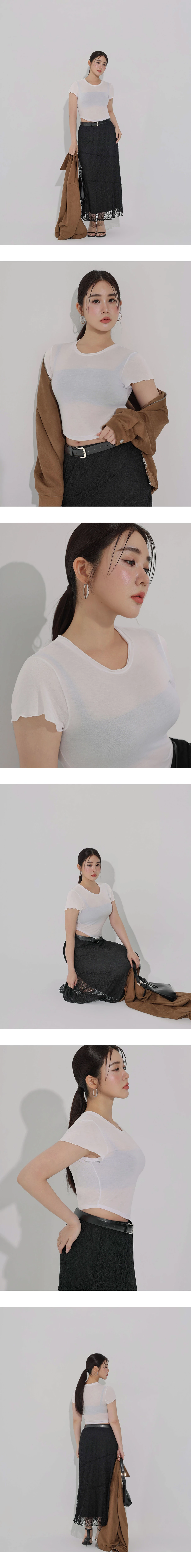 圓領木耳邊圓弧下擺短袖短版上衣