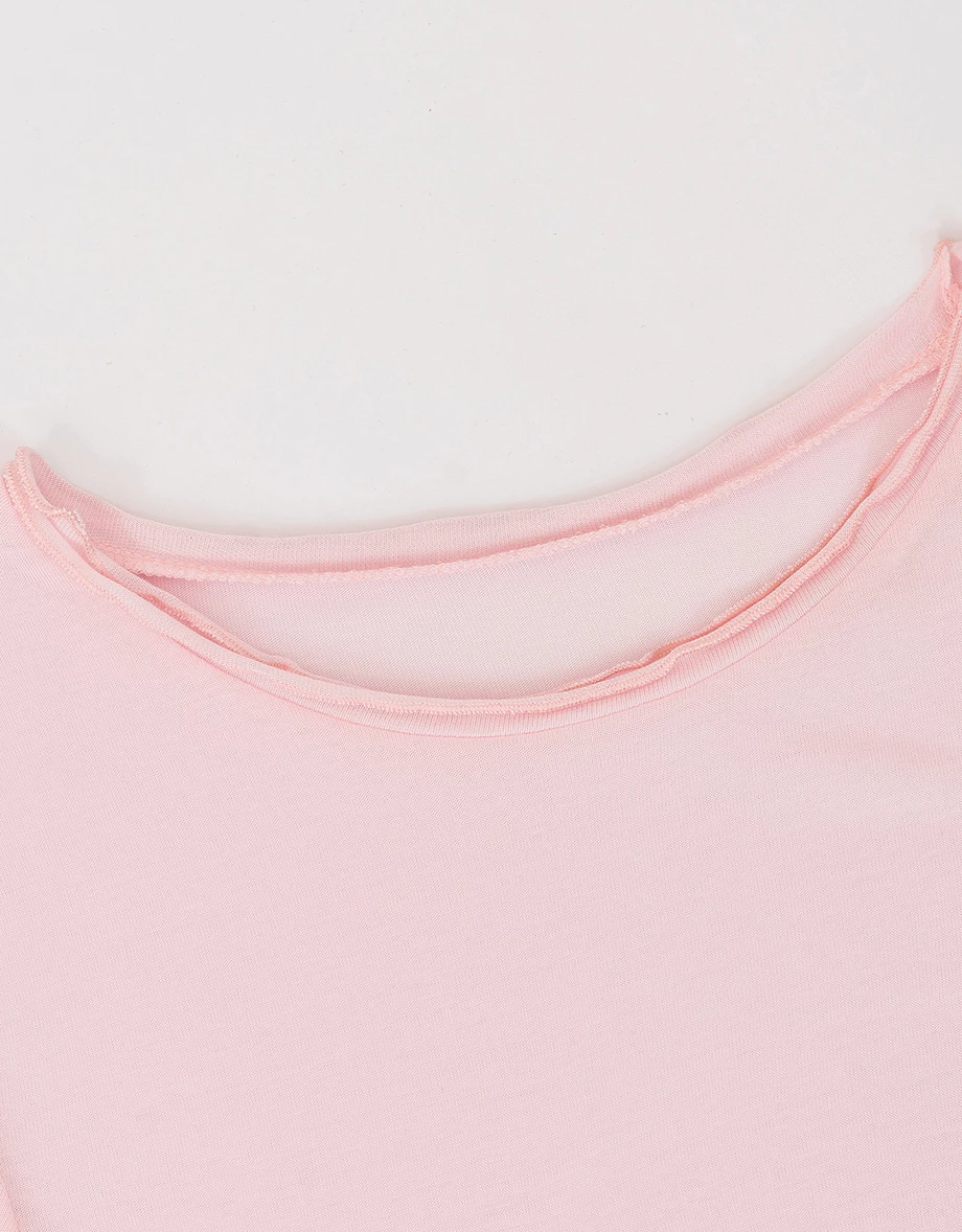 圓領木耳邊圓弧下擺短袖短版上衣