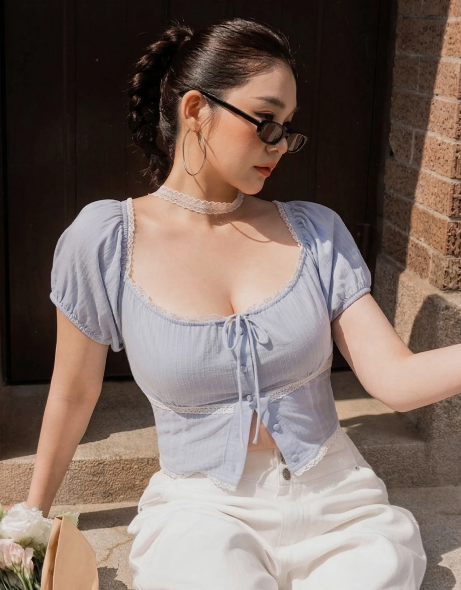 2WAY方領抽皺綁帶蕾絲滾邊澎袖直條紋短版上衣