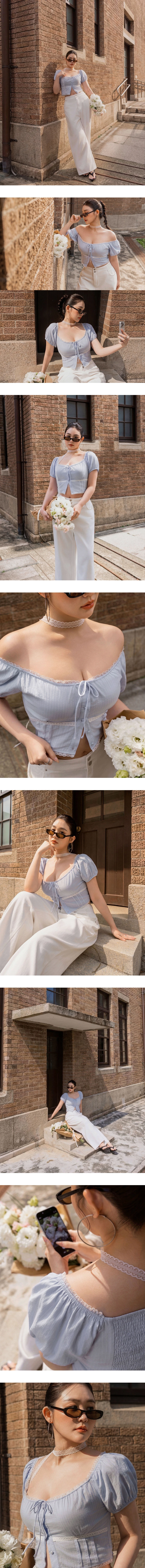 2WAY方領抽皺綁帶蕾絲滾邊澎袖直條紋短版上衣