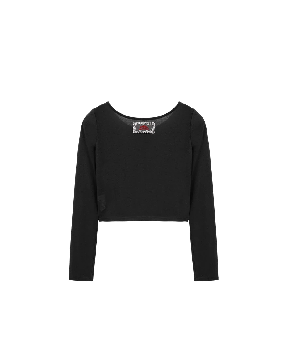 圓領蕾絲LOGO刺繡領標長袖短版排扣開襟針織衫