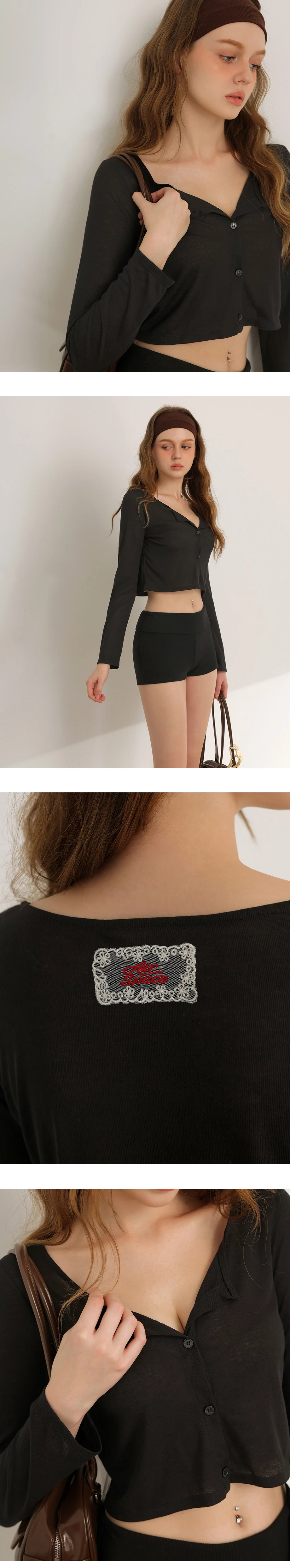 圓領蕾絲LOGO刺繡領標長袖短版排扣開襟針織衫