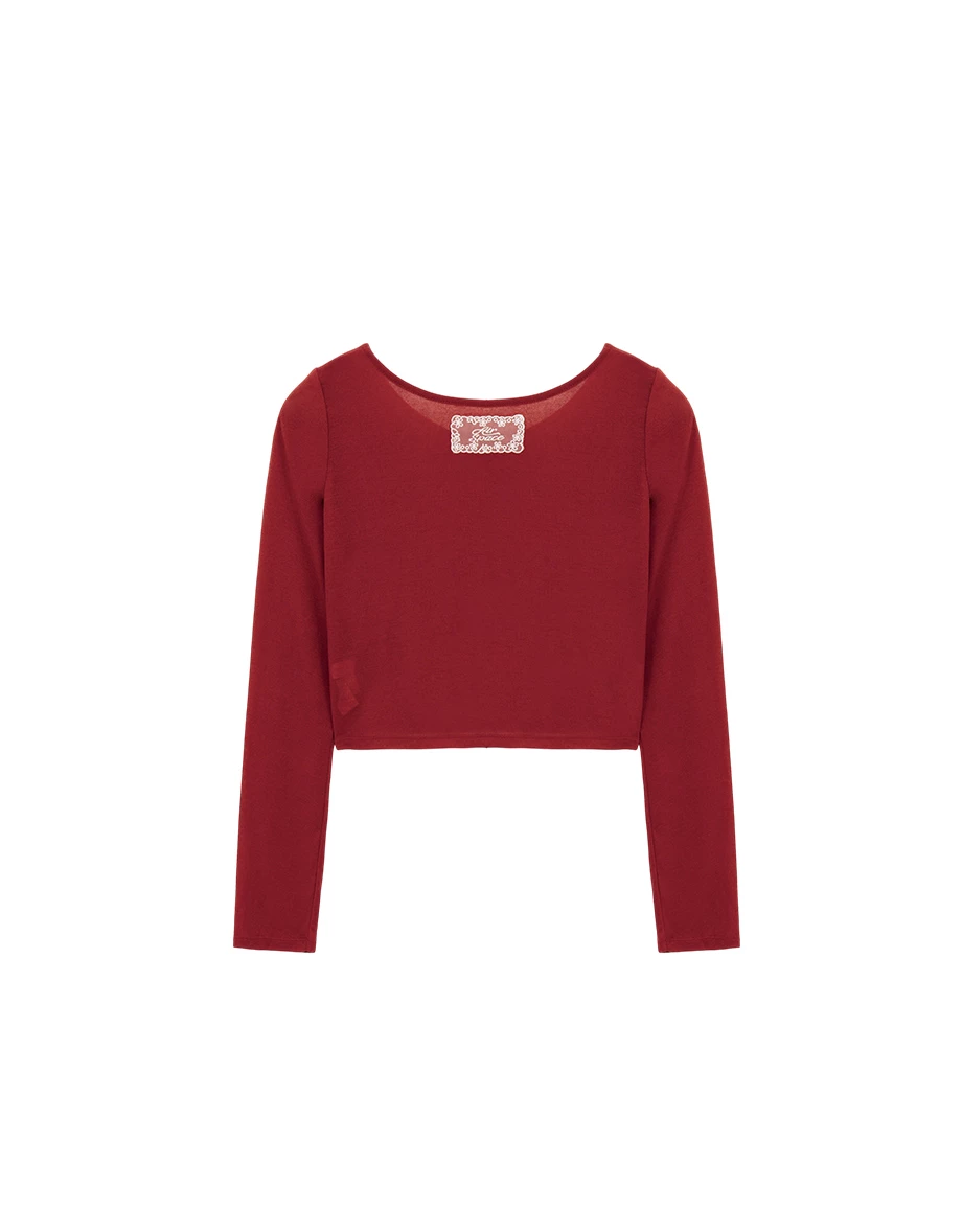 圓領蕾絲LOGO刺繡領標長袖短版排扣開襟針織衫