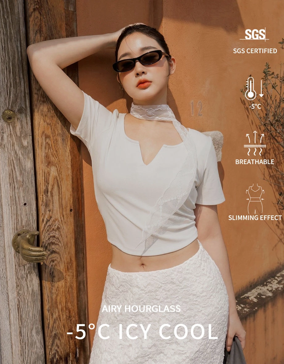 Cooling Fabric Notched V Neck Ribbed Knit Cropped Top