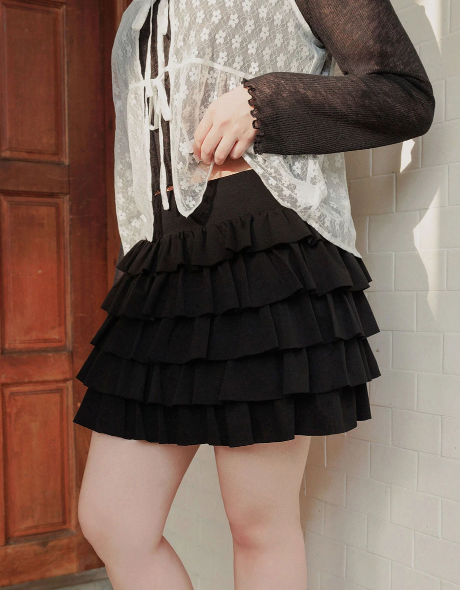 【莫代爾空氣棉】高腰多層次荷葉邊蛋糕短裙