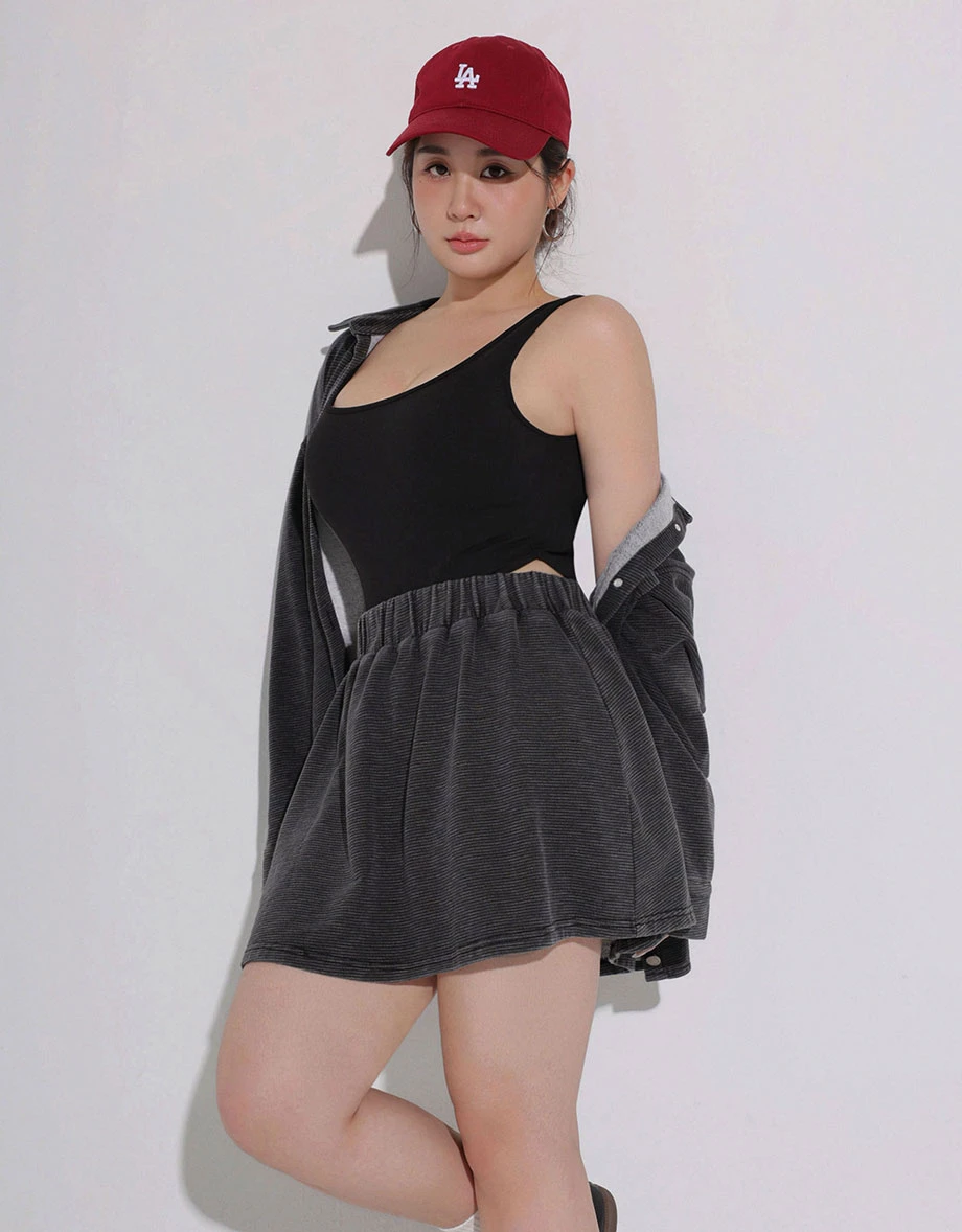 Vintage Wash Elastic Waist Ribbed A Line Mini Skirt Vintage Wash Elastic Waist Ribbed A Line Mini Skirt