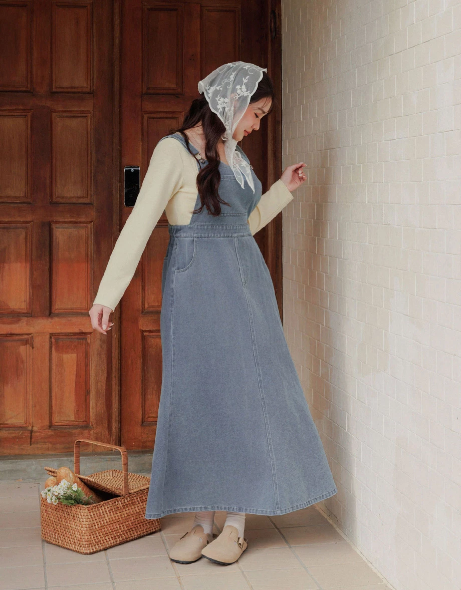 大口袋牛仔A字吊帶長裙 大口袋牛仔A字吊帶長裙