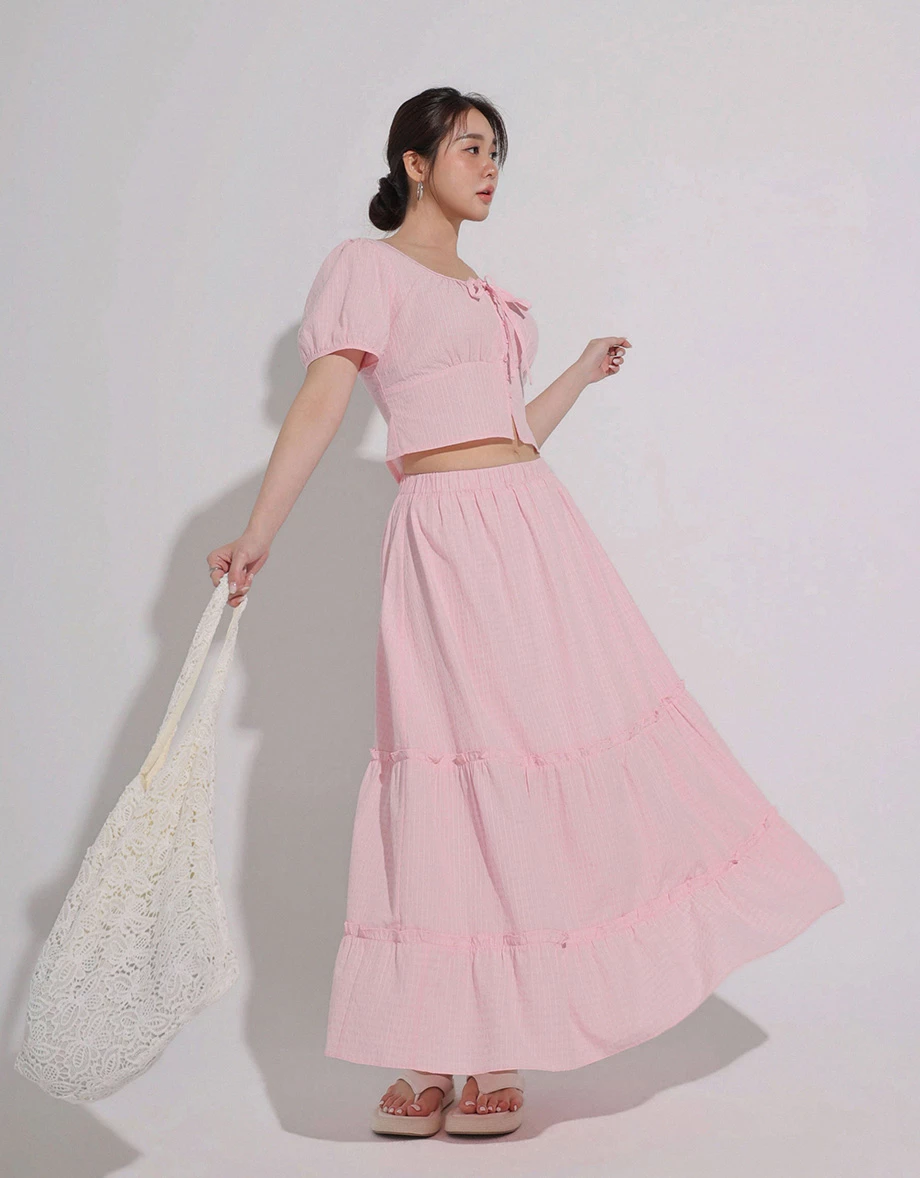 鬆緊腰直條紋蛋糕長裙