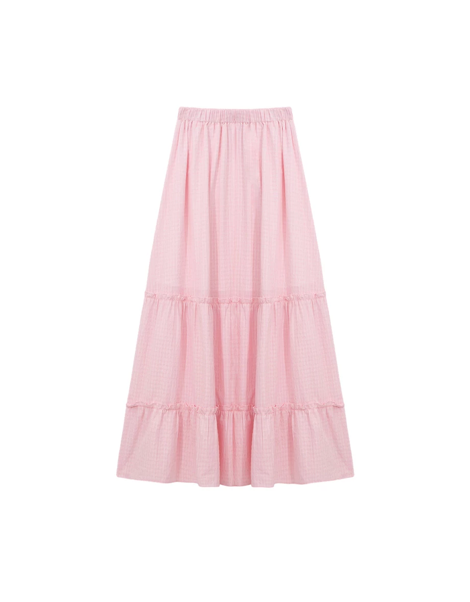 鬆緊腰直條紋蛋糕長裙