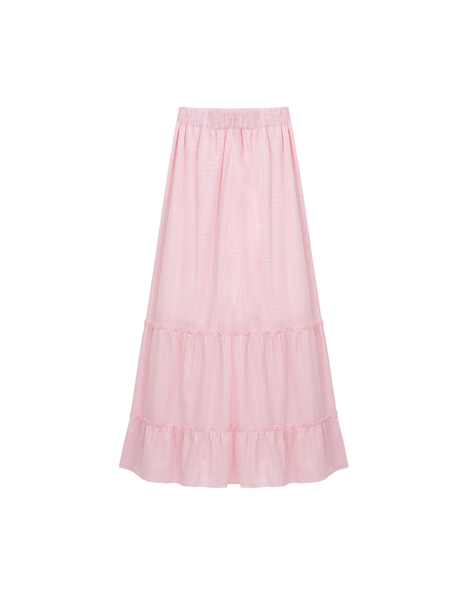 鬆緊腰直條紋蛋糕長裙