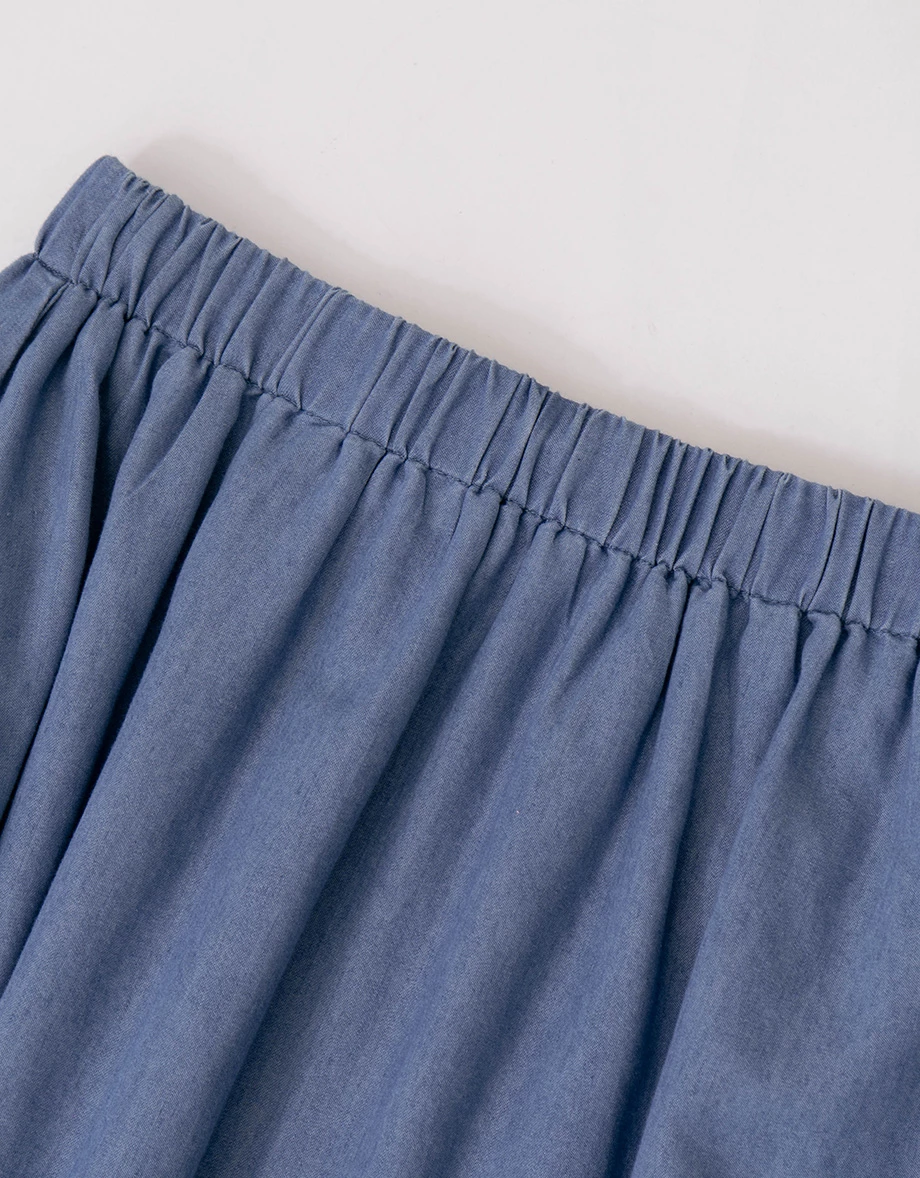 鬆緊腰水洗牛仔蛋糕長裙