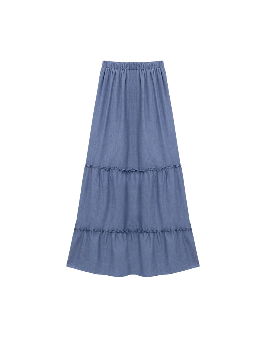 鬆緊腰水洗牛仔蛋糕長裙