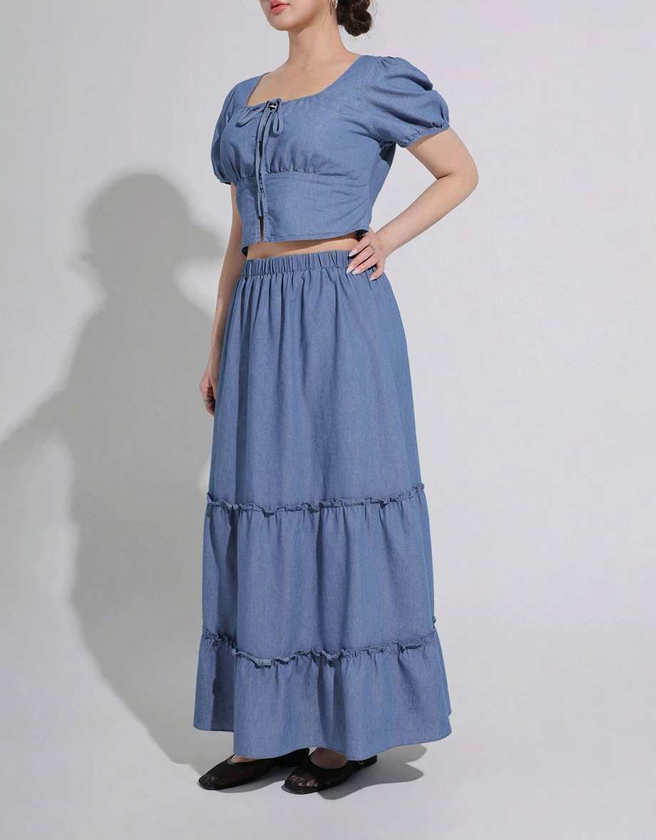 鬆緊腰水洗牛仔蛋糕長裙