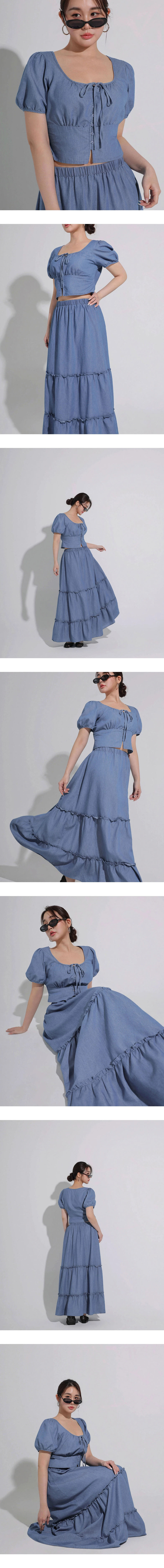 鬆緊腰水洗牛仔蛋糕長裙