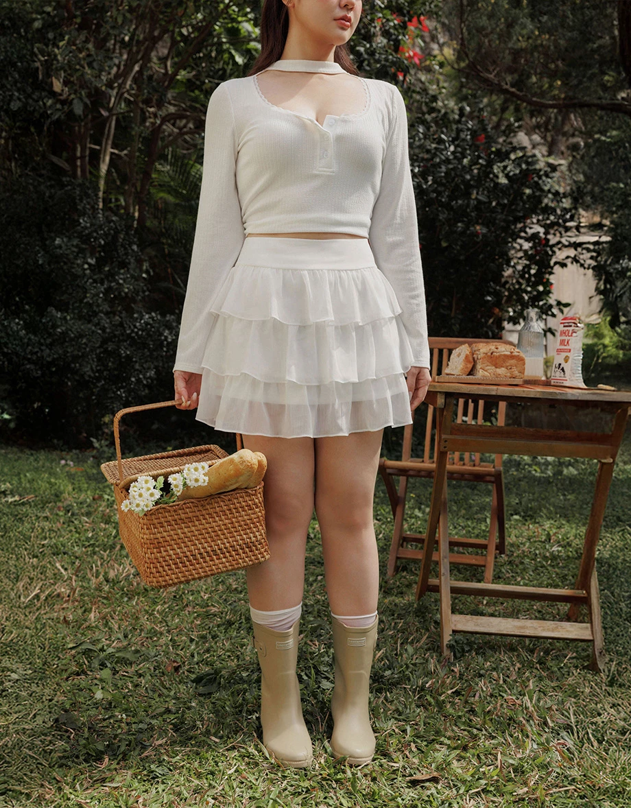 High Waist Sheer Chiffon Ruffle Tiered Mini Skirt