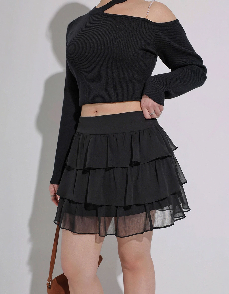 High Waist Sheer Chiffon Ruffle Tiered Mini Skirt