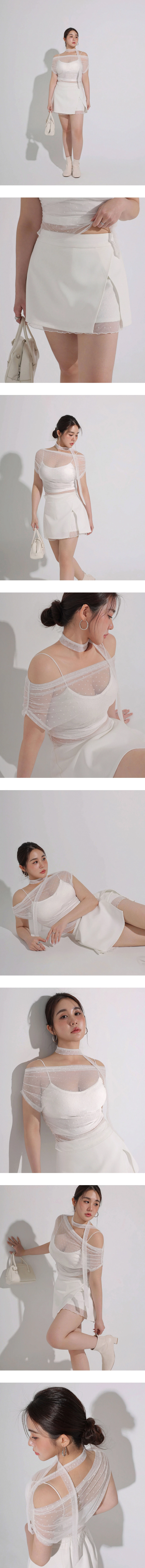 交叉側開衩點點網紗襯裡褲裙