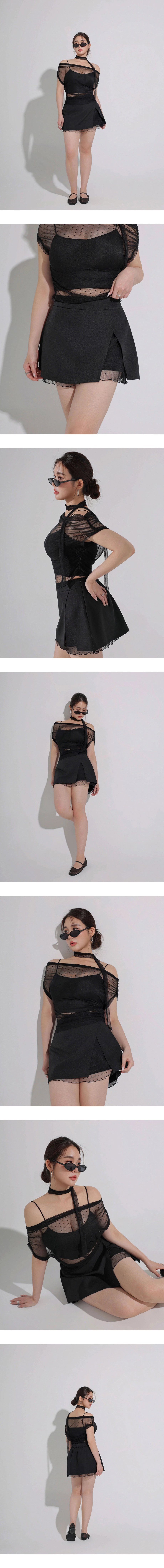 交叉側開衩點點網紗襯裡褲裙