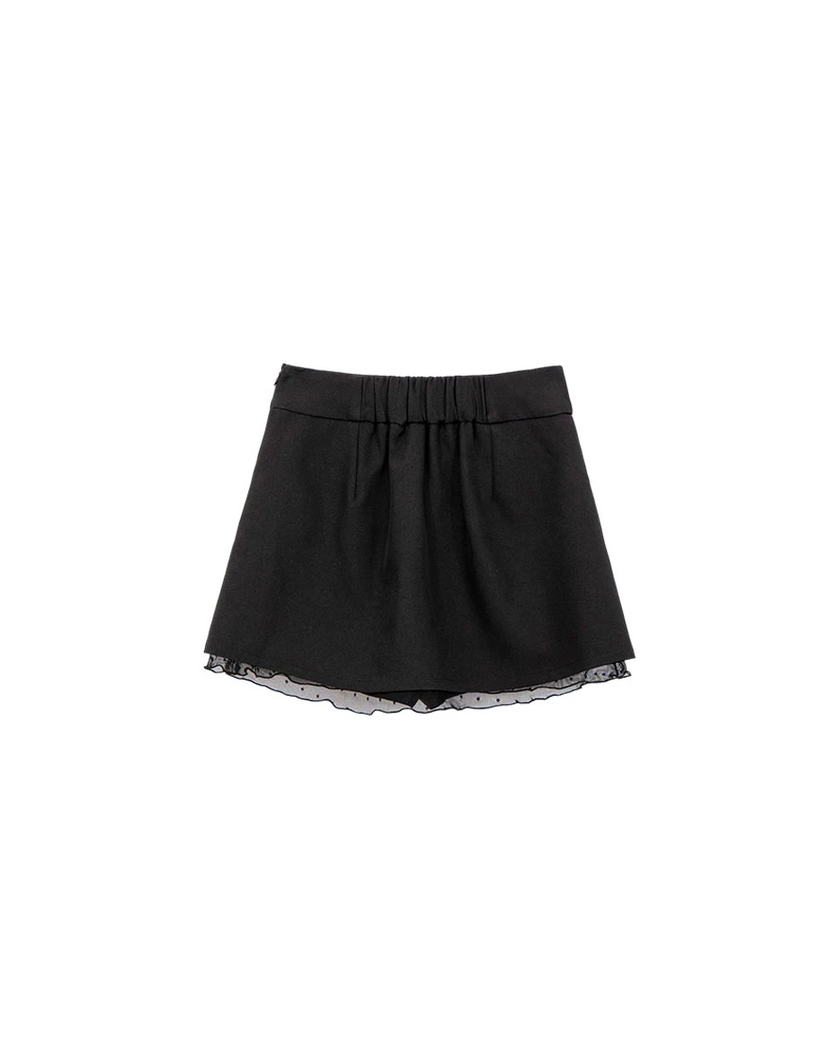 交叉側開衩點點網紗襯裡褲裙