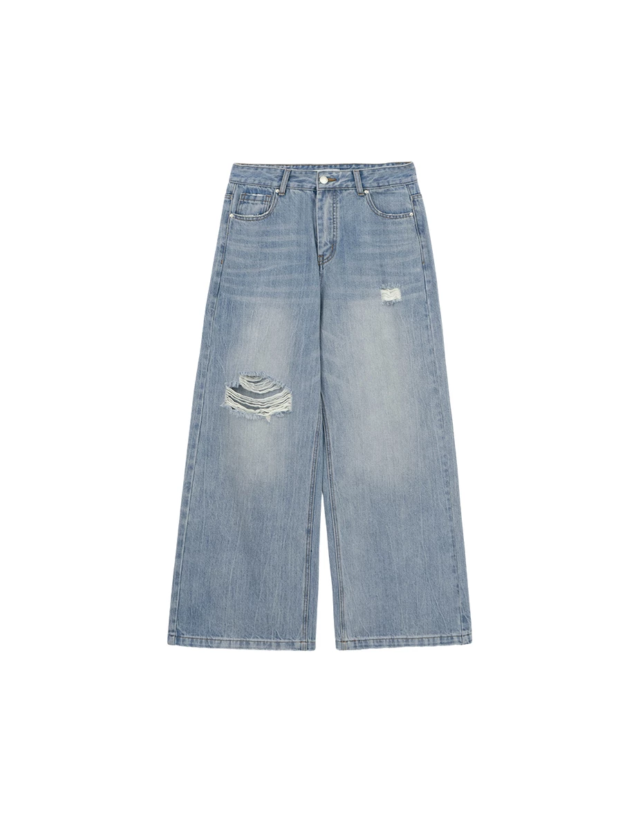 Low Rise Distressed Washed Jeans Denim Wide Pants