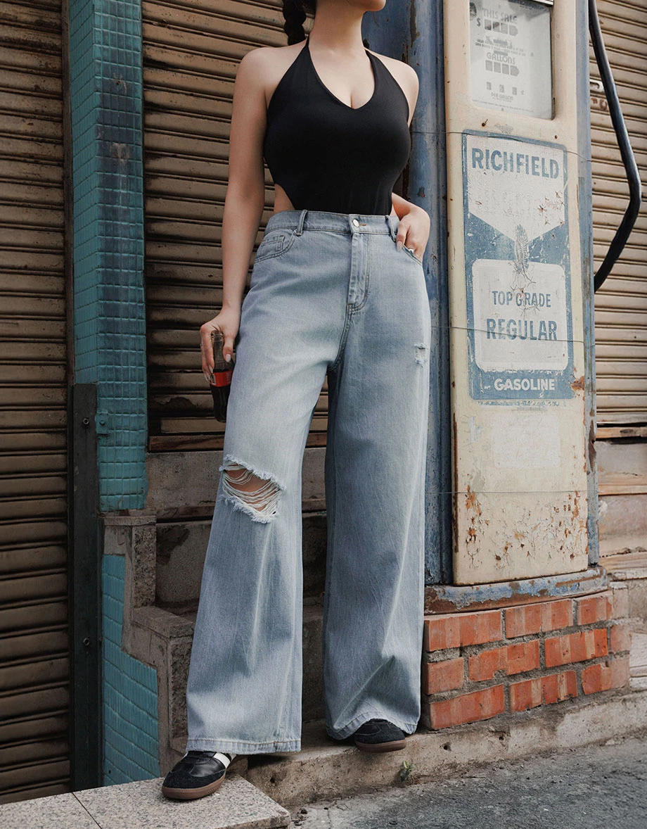 Low Rise Distressed Washed Jeans Denim Wide Pants