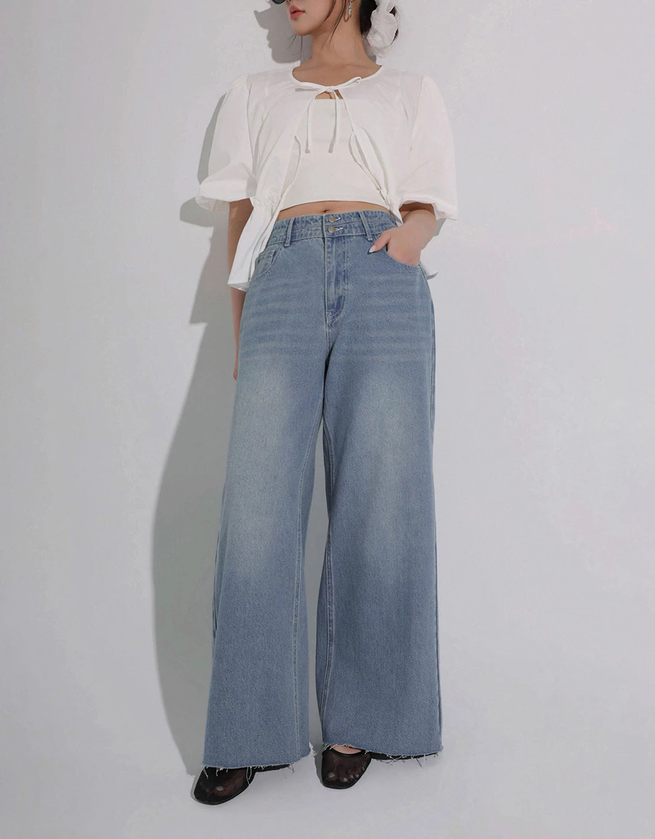 【HEYMAN聯名】高腰雙扣不收邊水洗牛仔寬褲