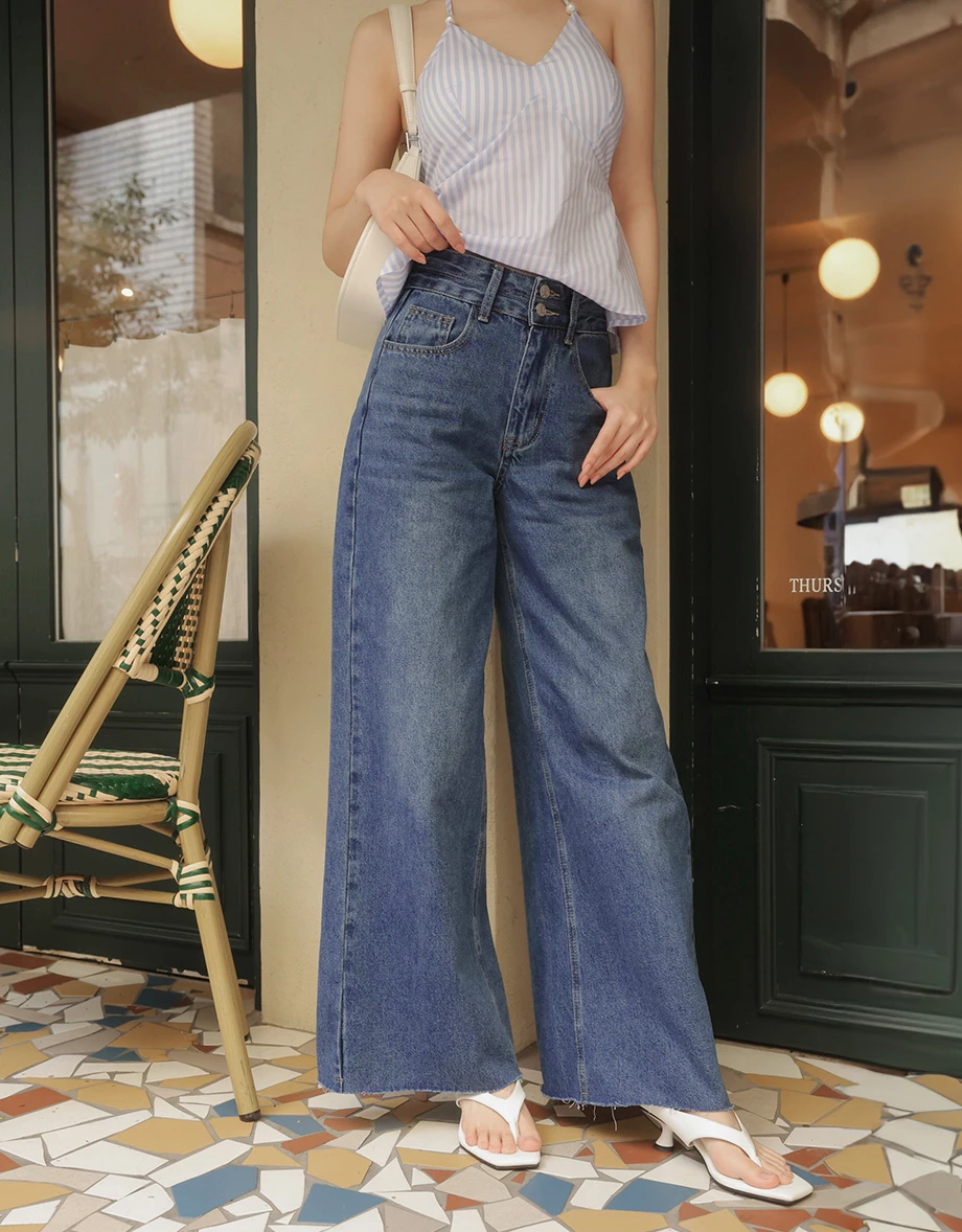 【HEYMAN聯名】高腰雙扣不收邊水洗牛仔寬褲